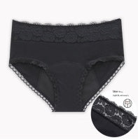 Menstrual Panties in black with lace detailing, designed for leak proof protection during menstruation.