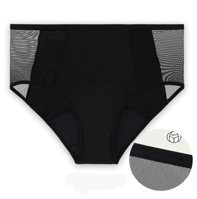 Menstrual Panties in black with lace detailing, designed for leak proof protection during menstruation.