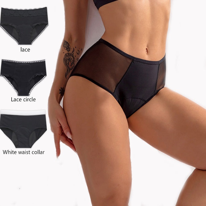 Menstrual Panties in black with lace detailing, designed for leak proof protection during menstruation.