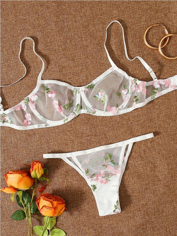 Three-point Mesh See-through Push Up Bras Embroidered Underwear Suit