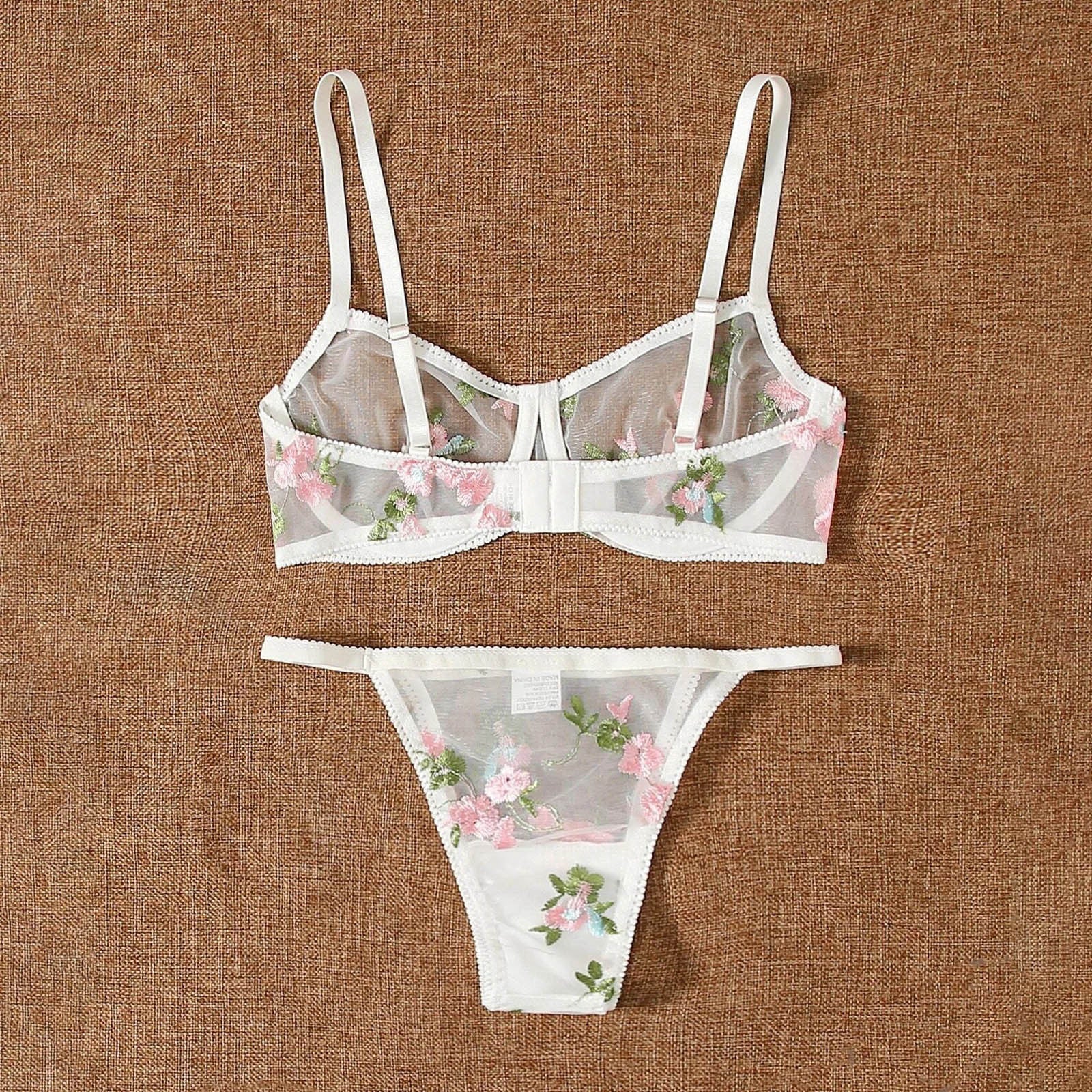 Three-point Mesh See-through Push Up Bras Embroidered Underwear Suit