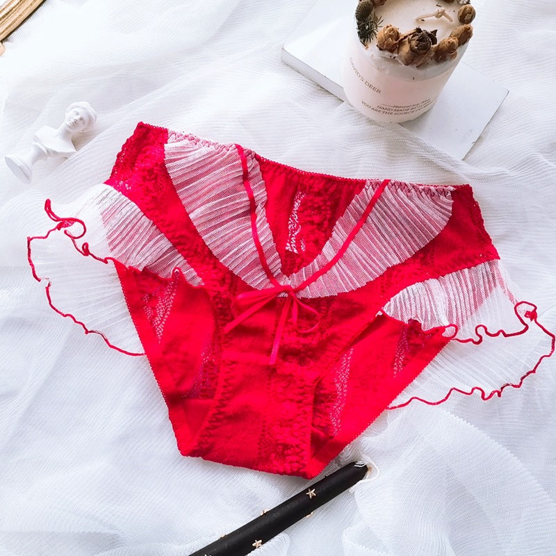 High Waist Panties in black and red lace, featuring delicate ruffles and soft bows for stylish comfort.