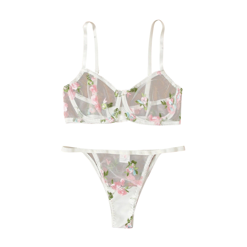 Three-point Mesh See-through Push Up Bras Embroidered Underwear Suit