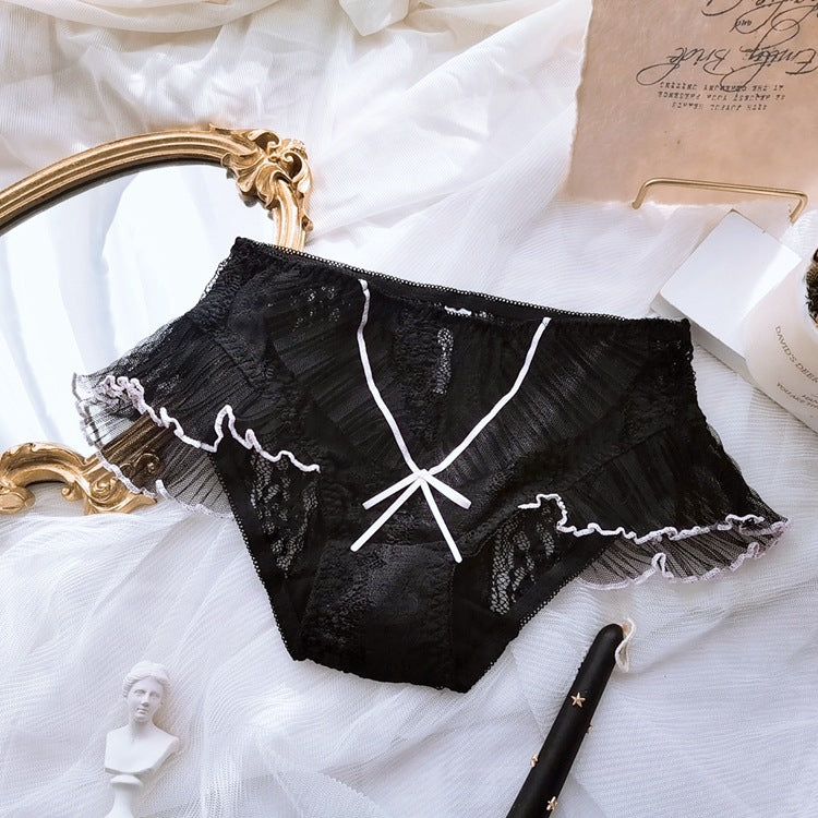 High Waist Panties in black and red lace, featuring delicate ruffles and soft bows for stylish comfort.