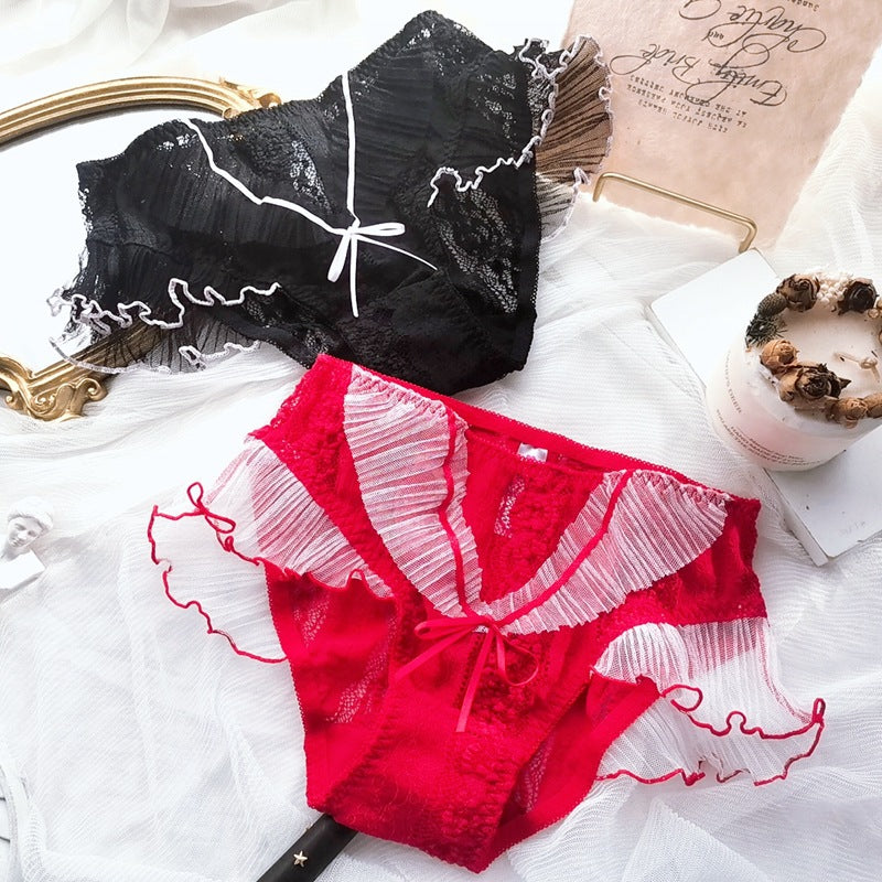 High Waist Panties in black and red lace, featuring delicate ruffles and soft bows for stylish comfort.