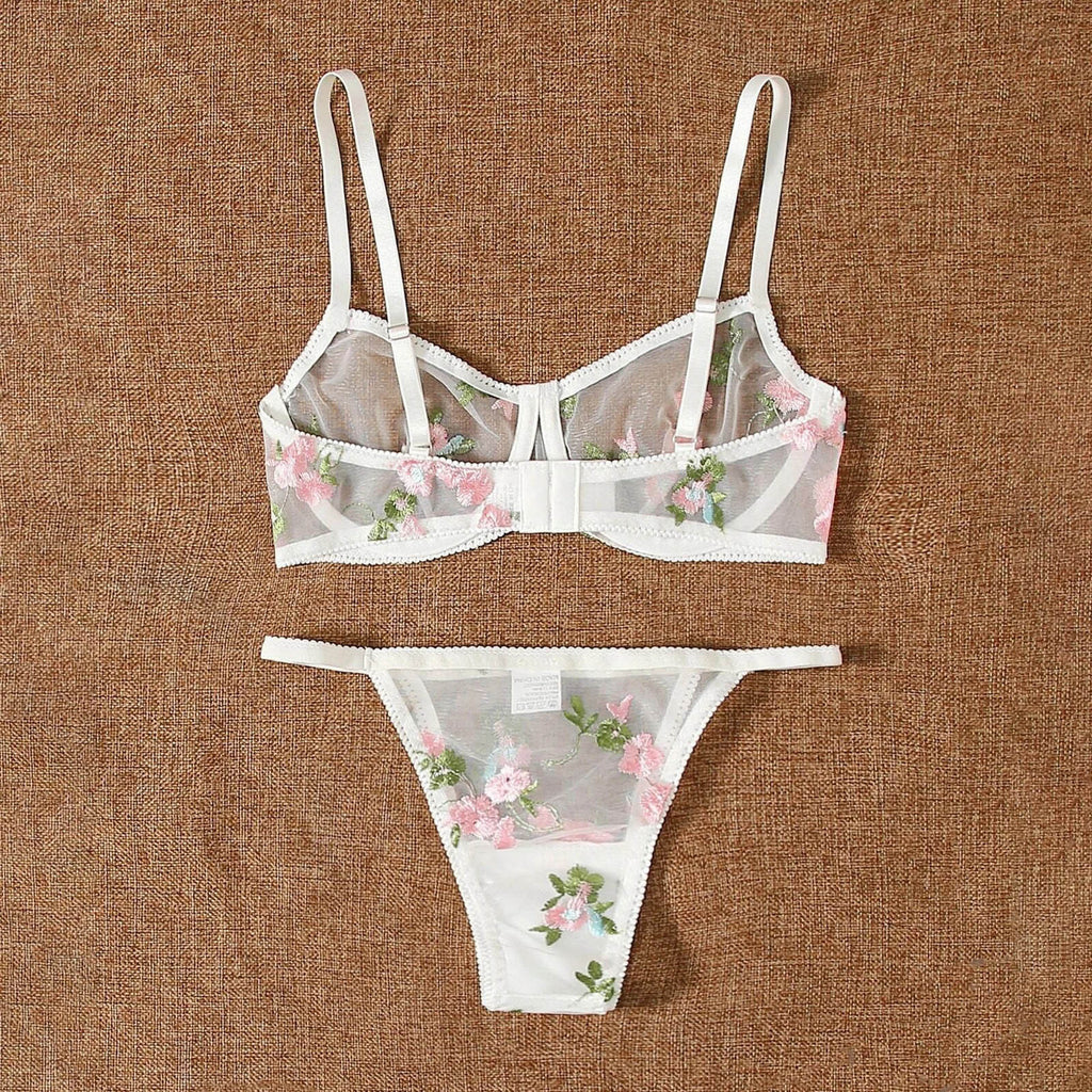 Three-point Mesh See-through Push Up Bras Embroidered Underwear Suit
