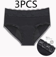 Menstrual Panties in black with lace detailing, designed for leak proof protection during menstruation.