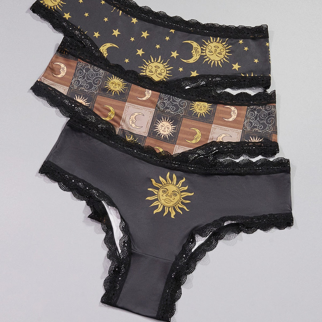 Lace Panties featuring a set of three plus size low waist seamless designs with sun and moon patterns.