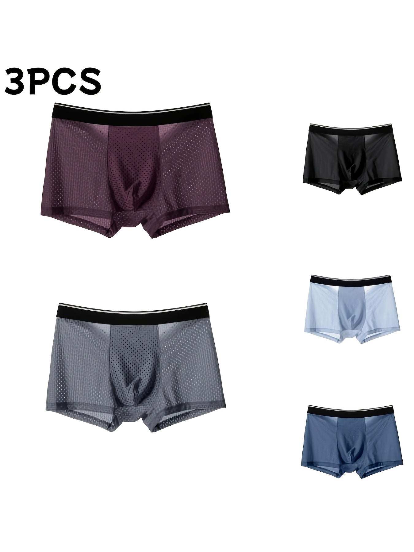 Underwears 3-Pack Men's Plus Size featuring mesh fabric in black, purple, and blue. Underwears 3-Pack Men's Plus Size featuring mesh fabric in black, purple, and blue.