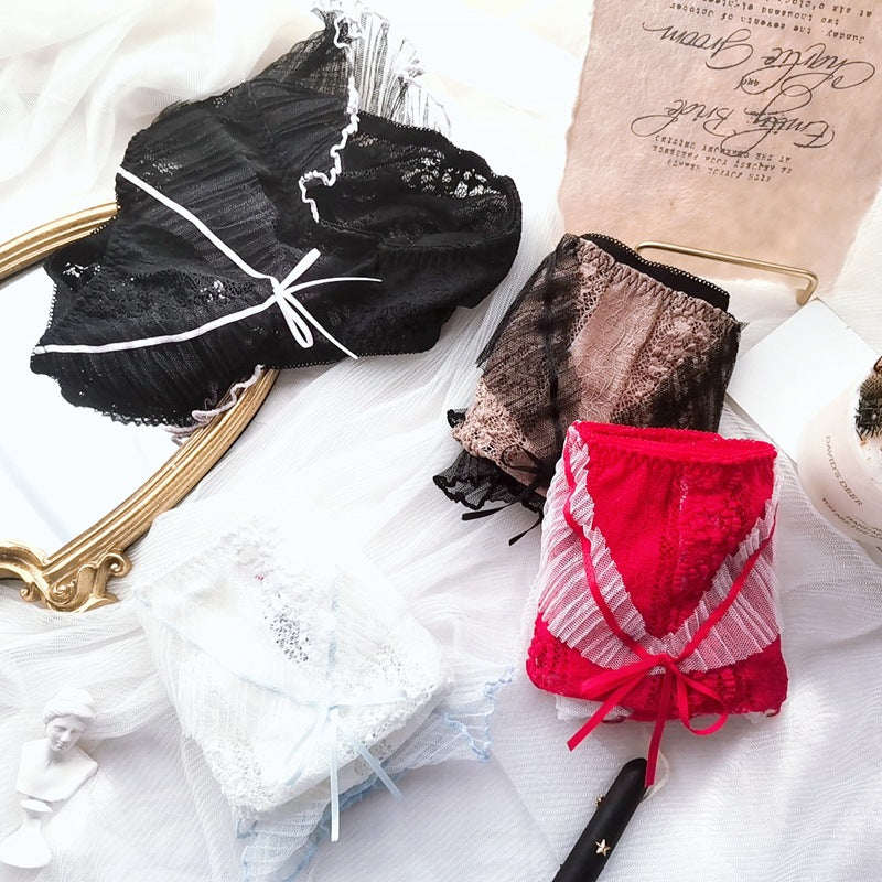 High Waist Panties in black and red lace, featuring delicate ruffles and soft bows for stylish comfort.