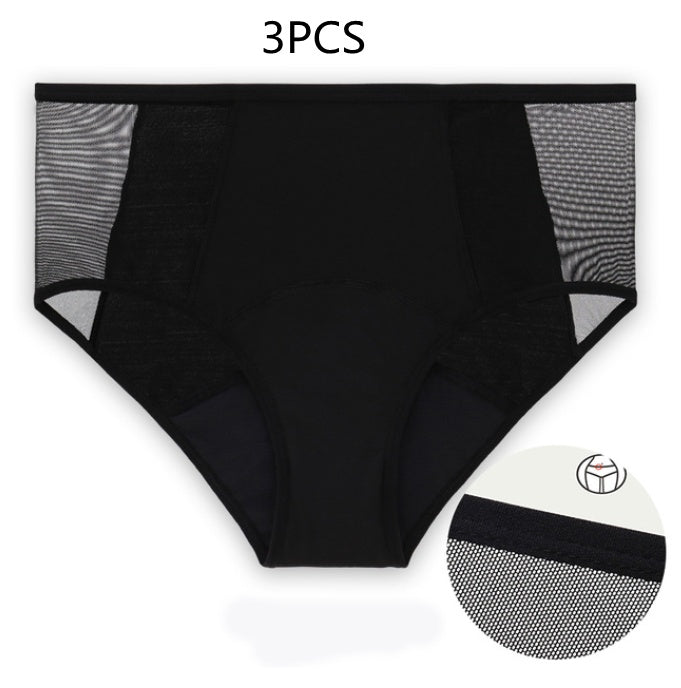 Menstrual Panties in black with lace detailing, designed for leak proof protection during menstruation.