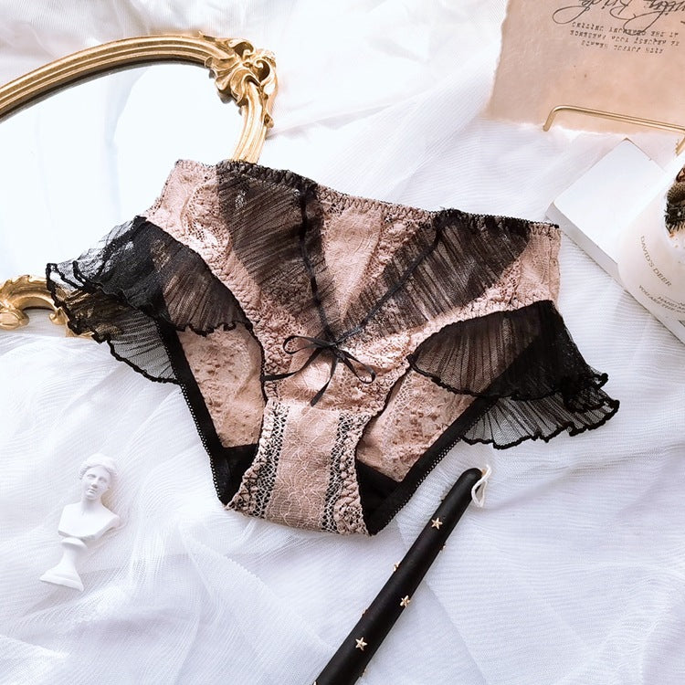 High Waist Panties in black and red lace, featuring delicate ruffles and soft bows for stylish comfort.