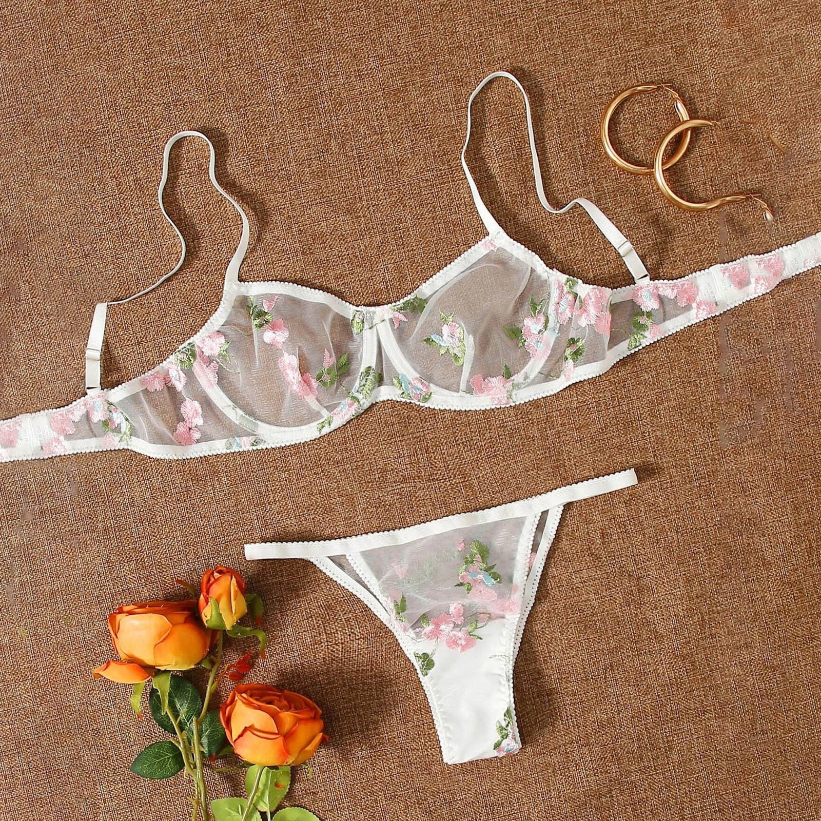 Three-point Mesh See-through Push Up Bras Embroidered Underwear Suit