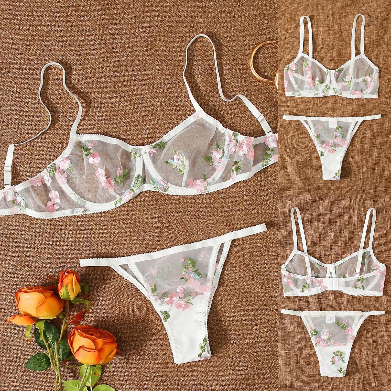 Three-point Mesh See-through Push Up Bras Embroidered Underwear Suit