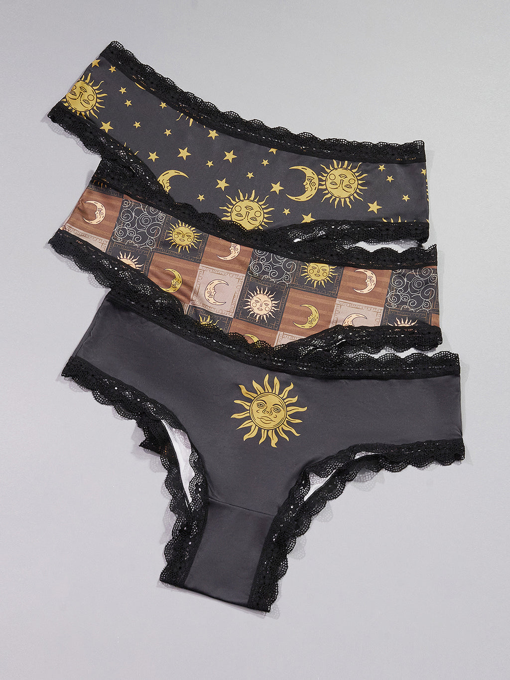 Lace Panties featuring a set of three plus size low waist seamless designs with sun and moon patterns. Lace Panties featuring a set of three plus size low waist seamless designs with sun and moon patterns.