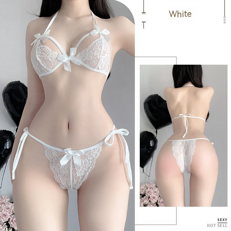 Bra Panties set featuring elegant white lace design with bows for a sexy and flattering look. Bra Panties set featuring elegant white lace design with bows for a sexy and flattering look.